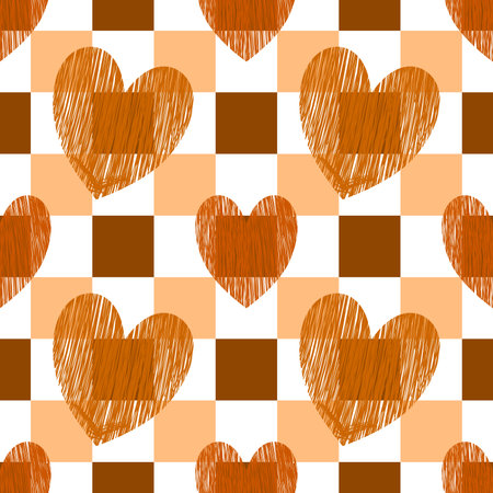 Valentine seamless background. Hearts on a checkerboard background. Seamless pattern. Hand drawn vector lines. Wrapping paper pattern. Valentine's Day decoration pattern. Burnt Orange.のイラスト素材