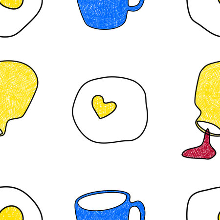 Seamless pattern. Coffee mug and fried egg on white background. Valentine's Day decoration pattern. Vector line art. Hand drawn pattern. Golden Yellow.のイラスト素材