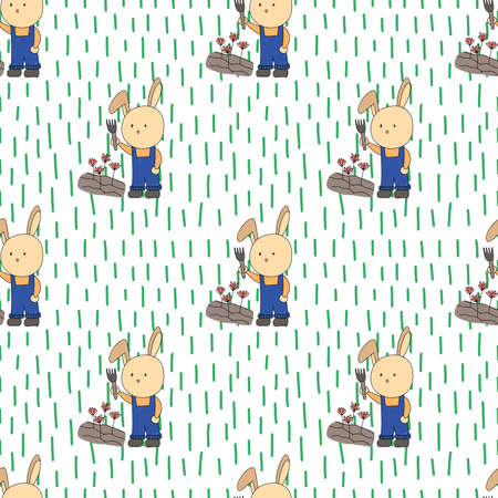 Seamless rabbit. Seamless background. Seamless pattern. Easter eggs and spring decoration pattern. Wrapping paper pattern. Seamless vector. Hand drawn vector.のイラスト素材