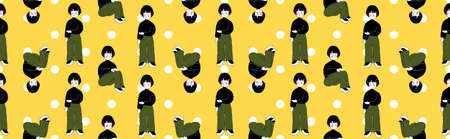 Seamless background with cartoon characters. White polka dots on a yellow background. Seamless...
