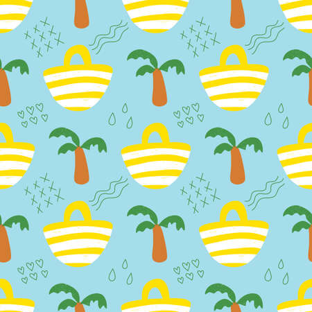 Seamless pattern with summer on blue background. Tote bags and coconut trees.