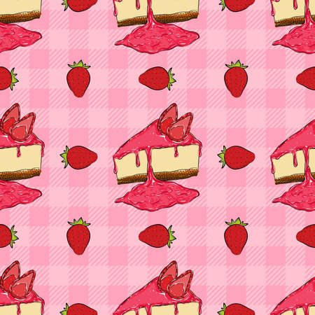 Seamless pattern with strawberry cheesecake. Bakery seamless background. Wrapping paper pattern. Hand drawn vector. Cute pattern.のイラスト素材