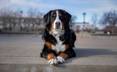 Bernese mountain dog in the park. Portrait of a Bernese mountain dog.の写真素材