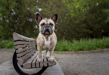 French bulldog sitting on a wooden bench in the park. Selective focus.の写真素材