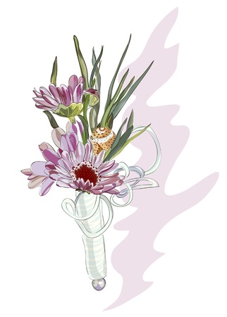 Boutonniere with a pink chrysanthemum and shell.のイラスト素材