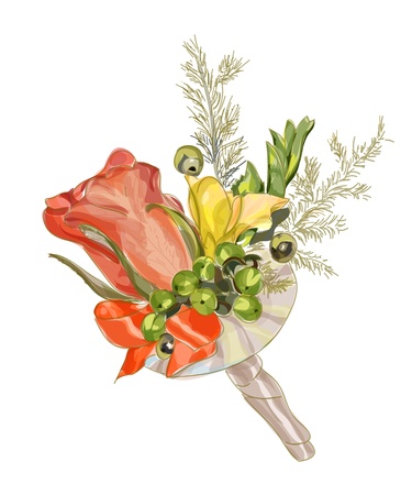 Rose and satin ribbon. Wedding boutonniere. Vector image.のイラスト素材