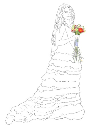 Bride with bouquet. Vector sketch.のイラスト素材