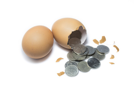 A chicken lays an egg and there is money inside.の写真素材