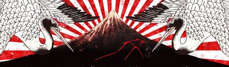 Cranes and beautiful mountains in Japanの写真素材