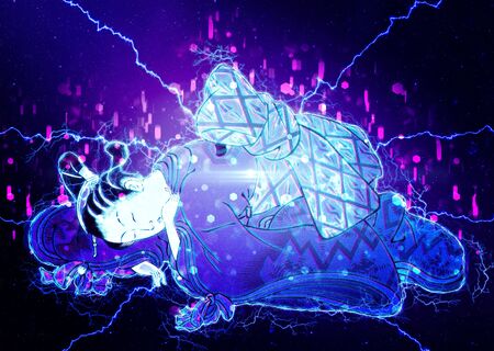 A child lying down in a blue cyber feelingの写真素材