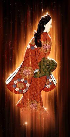 A woman turning around in orangeの写真素材