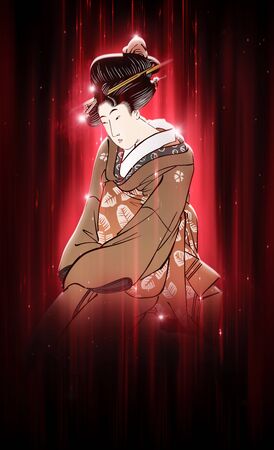 a woman sitting straight in redの写真素材