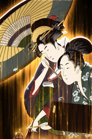 Two women holding umbrellas while glowing yellowの写真素材