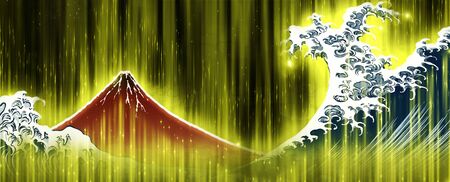 Beautiful mountains and waves shining yellowの写真素材