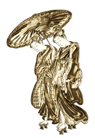 a girl walking with a golden umbrellaの写真素材