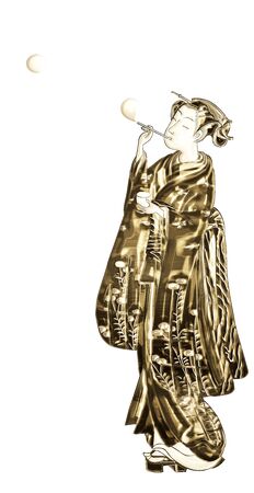 A golden woman is playing with soap bubbles.の写真素材