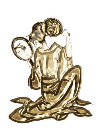 a woman looking in a golden mirrorの写真素材