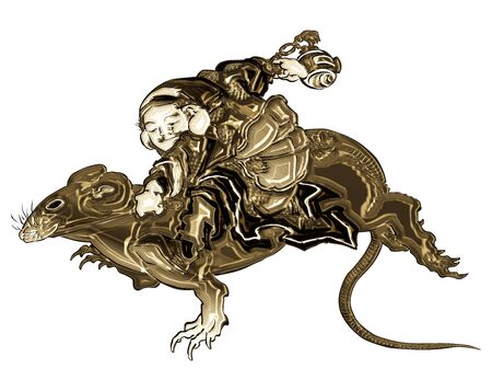 God of fortune riding in a rose in goldの写真素材