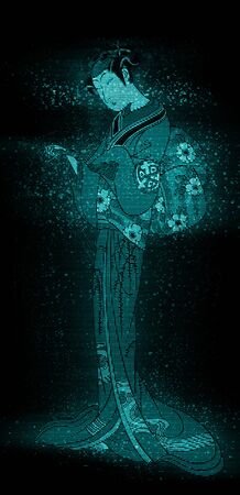 Woman in blue hologram kimonoの写真素材
