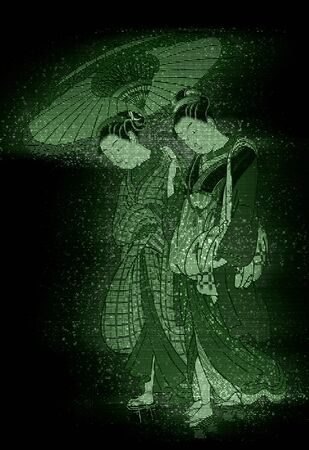 Girls pointing umbrellas with hologramsの写真素材