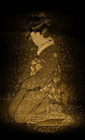 a woman in kimono sitting straight in a yellow hologramの写真素材