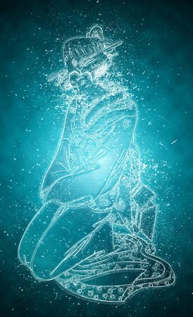 a woman sitting straight in a frozen wayの写真素材