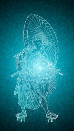 a samurai pointing to an umbrella of a frozen feelingの写真素材