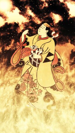 Kabuki actor in flamesの写真素材