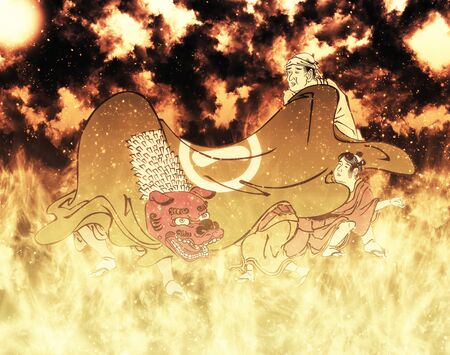 Lion Dance in flamesの写真素材