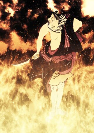 Kabuki actor in flamesの写真素材