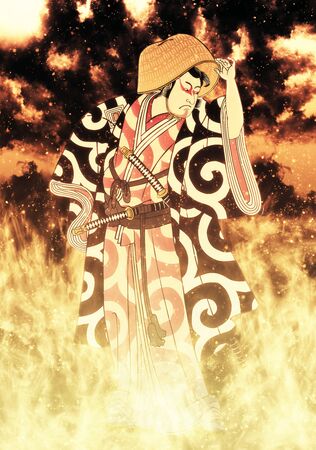 Kabuki actor in flamesの写真素材