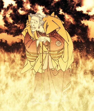 An old woman with a cane in flamesの写真素材