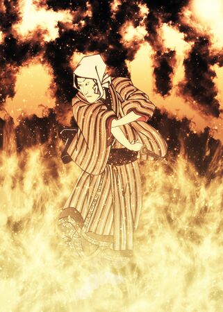 A male kabuki actor in flamesの写真素材