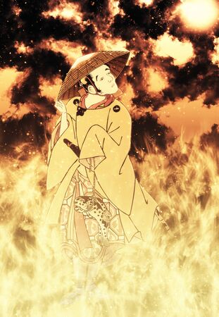 Kabuki actor standing in flamesの写真素材