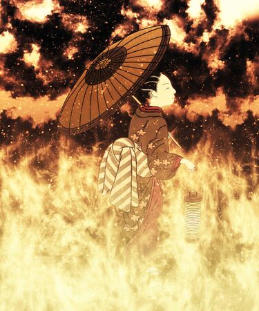 a woman pointing to an umbrella in flamesの写真素材