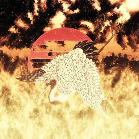 A crane spreading its wings in flamesの写真素材