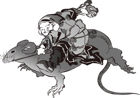 Black and white of the god of fortune riding on the wallのイラスト素材