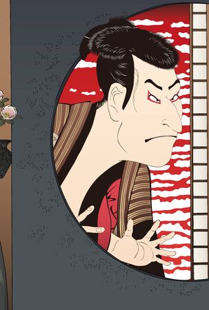 Kabuki actor scand from the window of a Japanese houseのイラスト素材