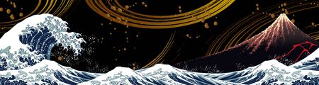Japanese-style patterns, beautiful mountains and wavesのイラスト素材