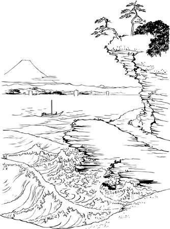 Thirty-six Views of Fuji Boshu Hotanokaigan Line Drawingsのイラスト素材