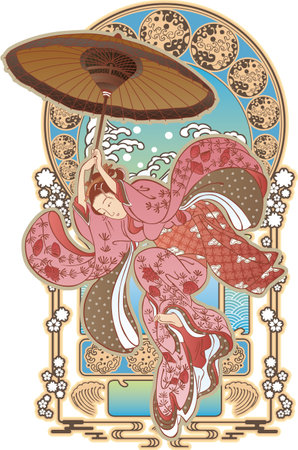 Ukiyo-e Kimono Beauty Flying with An Umbrella Japanese Gothic Versionのイラスト素材