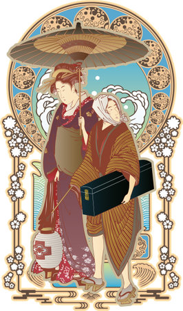 Geisha and people walking with umbrellas Japanese Gothic versionのイラスト素材