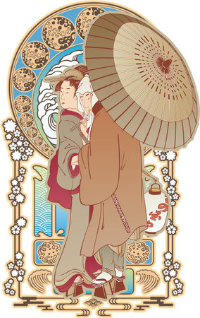 Geisha and people walking with umbrellas Japanese Gothic versionのイラスト素材