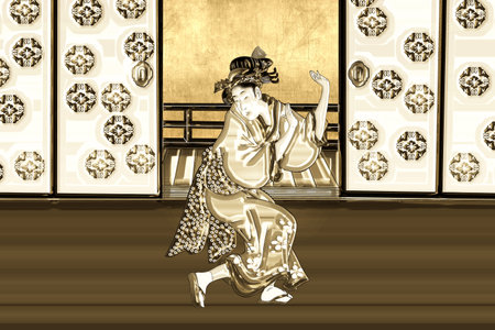 Woman in Japanese clothes dancing in a gold Japanese-style roomの写真素材