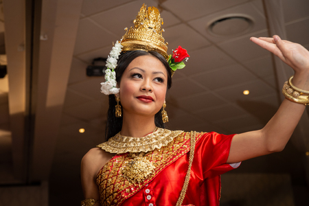Wedding Dance, Sydney, Australia 20th April 2014 : Woman dancing a traditional Cambodian dance called Robam Chuon Por (wishing dance) in traditional Khmer outfitのeditorial素材