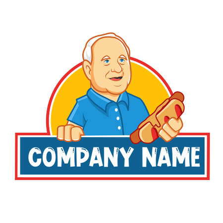 Old man wearing blue shirt holding hot dogのイラスト素材