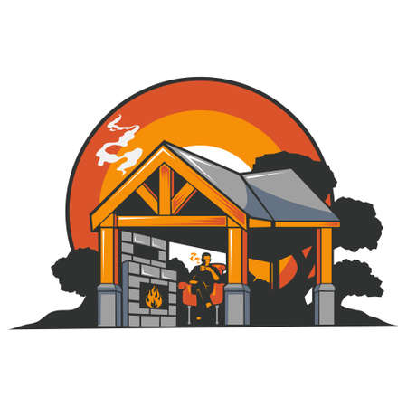 Man sitting in front of the fireplace drinking warm coffeeのイラスト素材