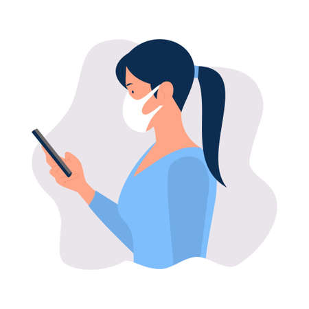 a woman with long hair tied up, wearing a face mask, holding a cell phoneのイラスト素材
