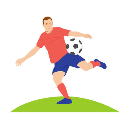 Soccer player wearing a red costume quick shooting a ball. Branding Identity Corporate logo design template Isolated. Flat Illustrationのイラスト素材