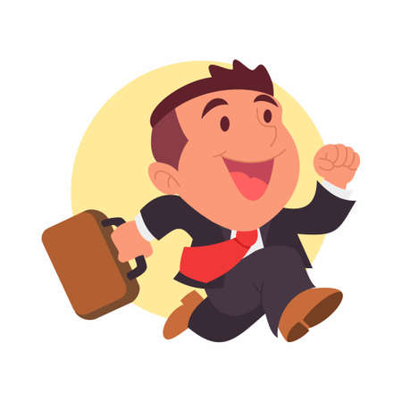 Business man with briefcase running fast . Hurry to get on time. Chibi Character. Flat style illustration isolatedのイラスト素材